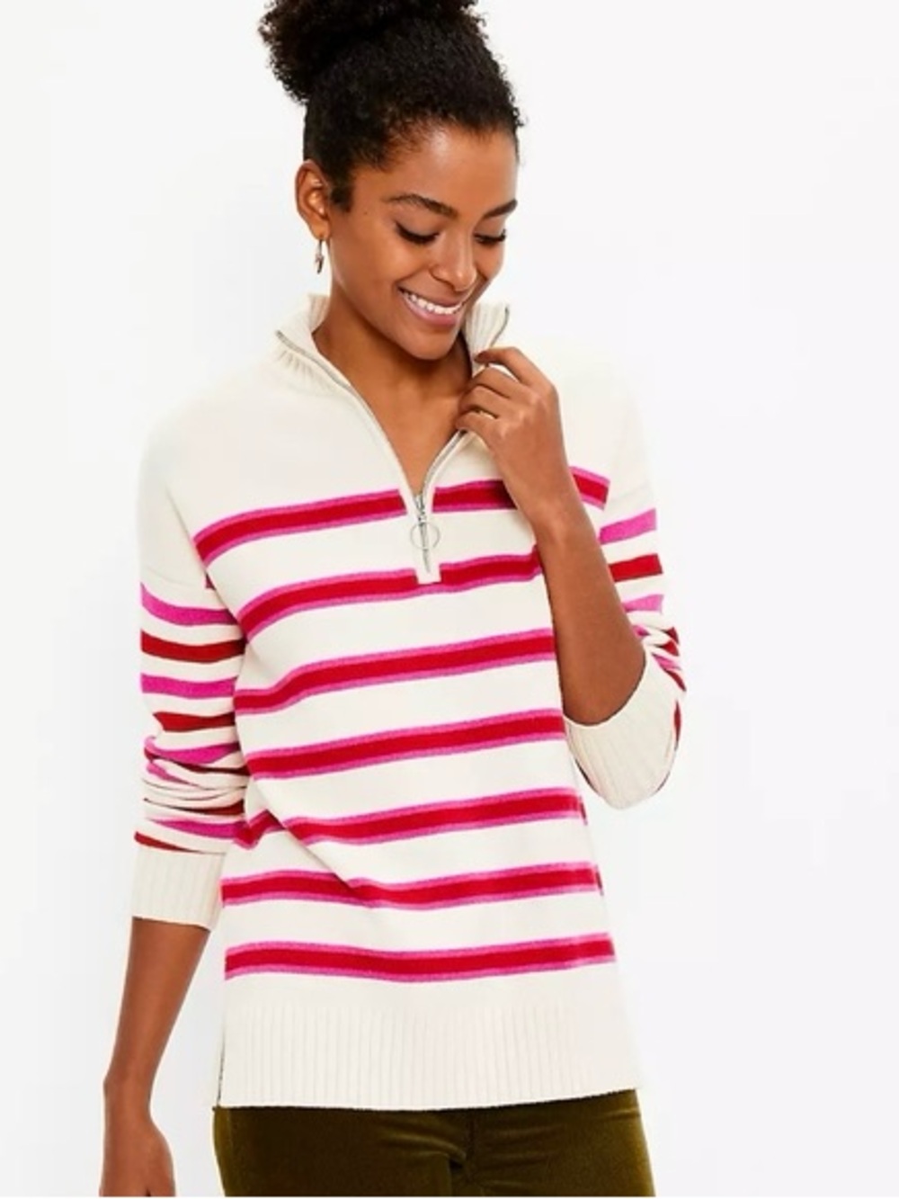LOFT Cream and Pink Striped Half-Zip Tunic Sweater